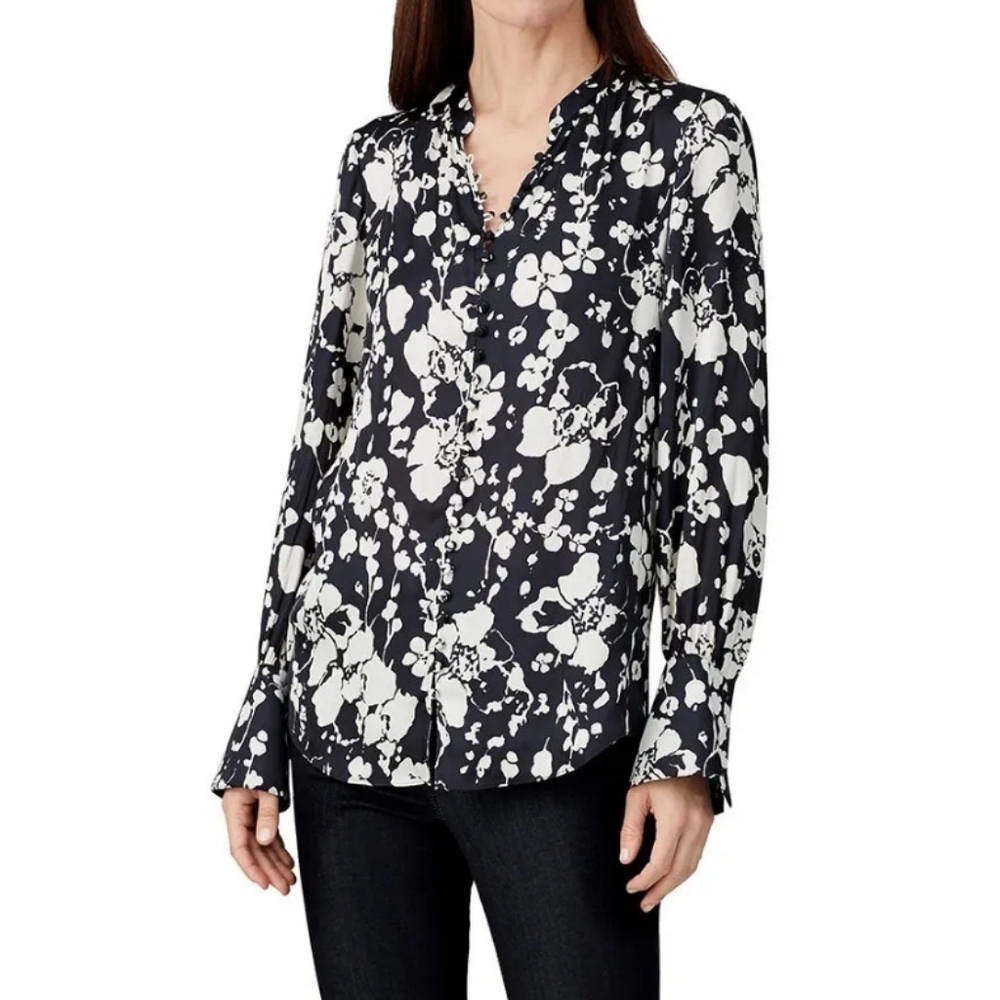 Joie Midnight/Navy Floral Tariana Button-Front Satin Blouse, Women's Medium